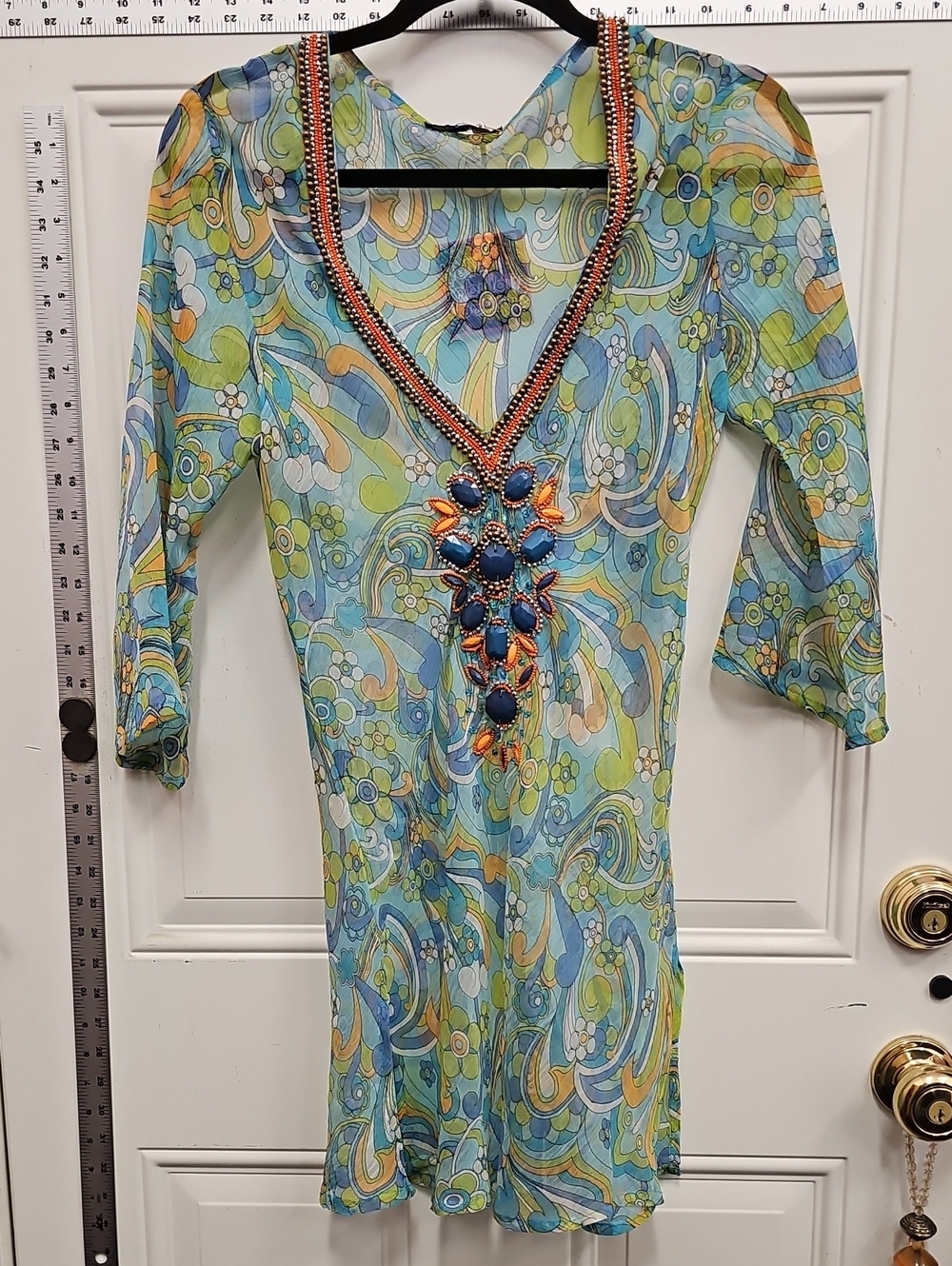 Alexia Admor Blue Green Swirl Beaded V-Neck Tunic
